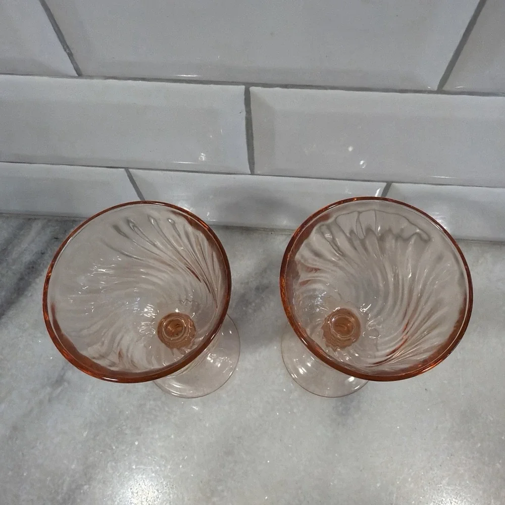 Vintage 2 Rosaline Pink 6 oz Optic Swirl Wine Glasses Arcoroc France Luminarc